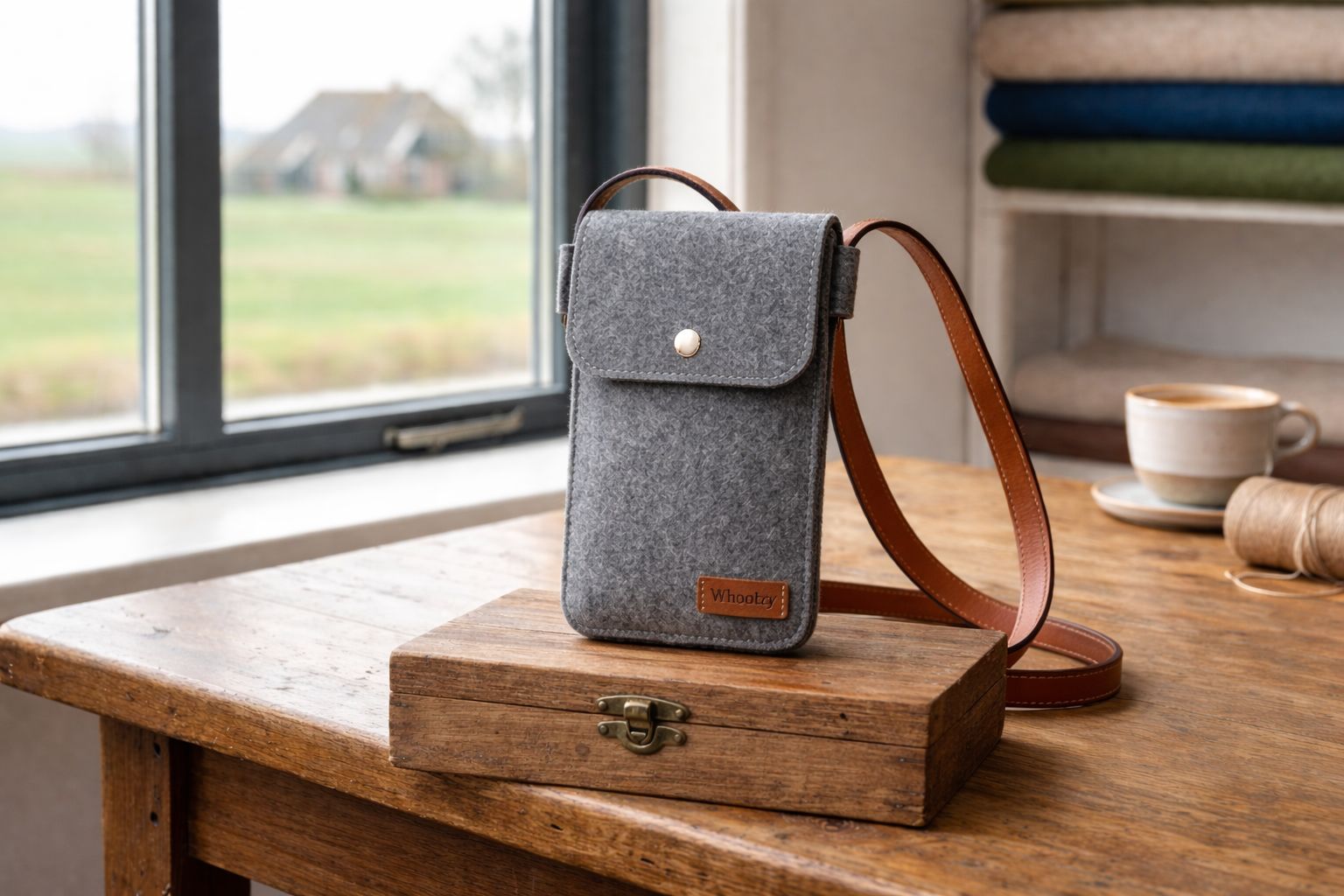 Handgemaakt grijs Merino wolvilt telefoontasje en sleeve gepresenteerd op een houten werktafel in het Whoolzy vilt-atelier.