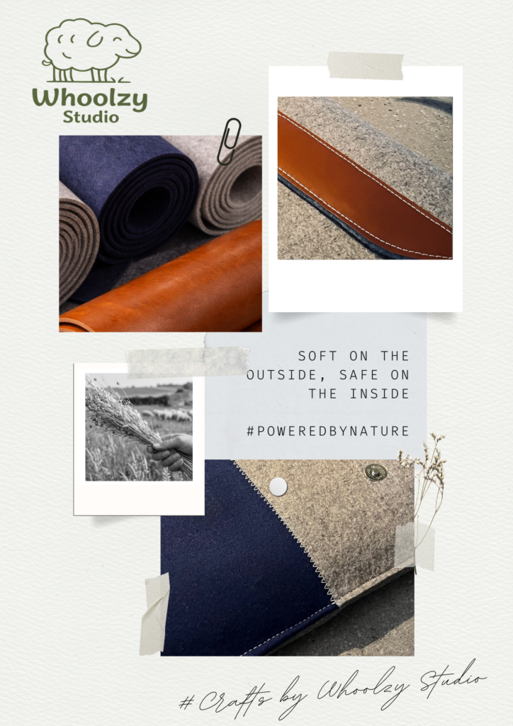 een instagrambericht met detailfoto's van een laptoptas gemaakt van grijs en blauw wolvilt en details in cognac kleurig leer