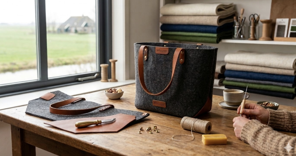 Handgemaakte duurzame shopper van antraciet wolvilt en leer in het Whoolzy workshop atelier in Nieuwe Niedorp.
